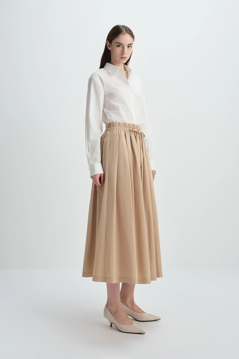 Panier Drawstring Waist Pleated Skirt Khaki