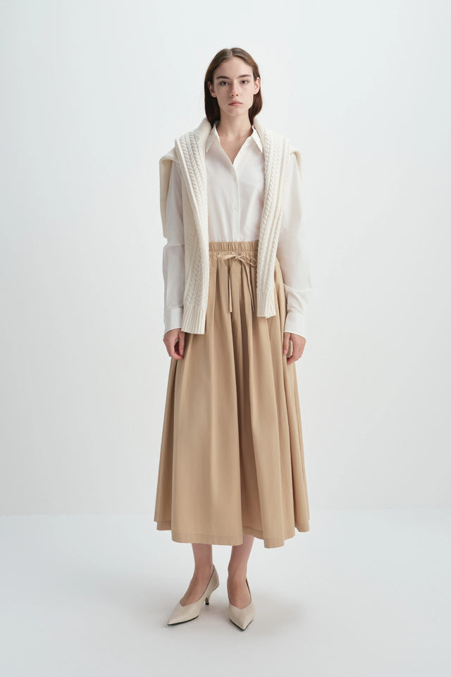 Panier Drawstring Waist Pleated Skirt Khaki