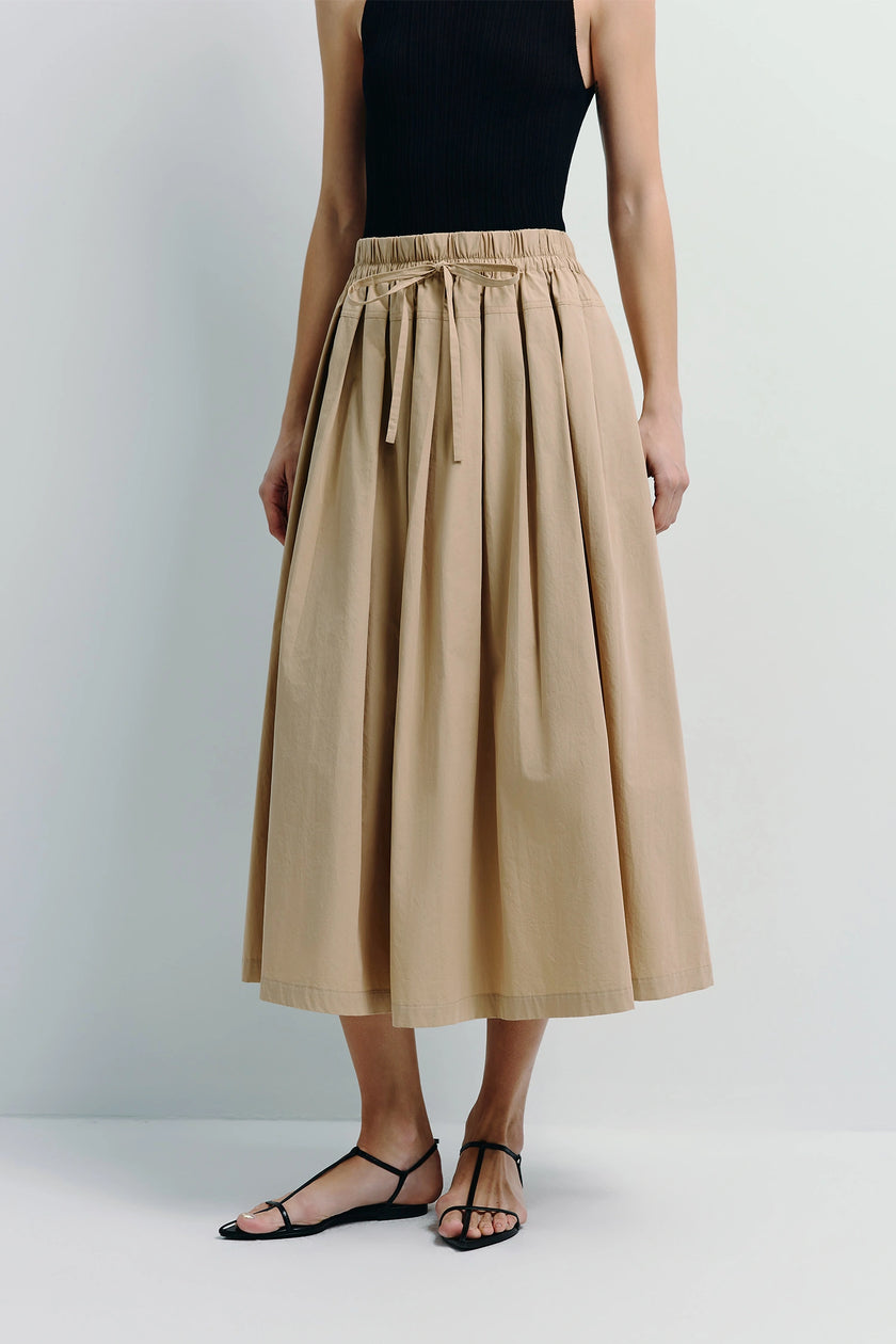 Panier Drawstring Waist Pleated Skirt, cotton beige skirt with casual structure