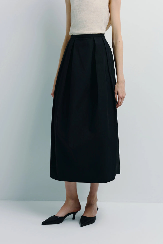 Ballon Heavy Poplin Pleated Skirt Black