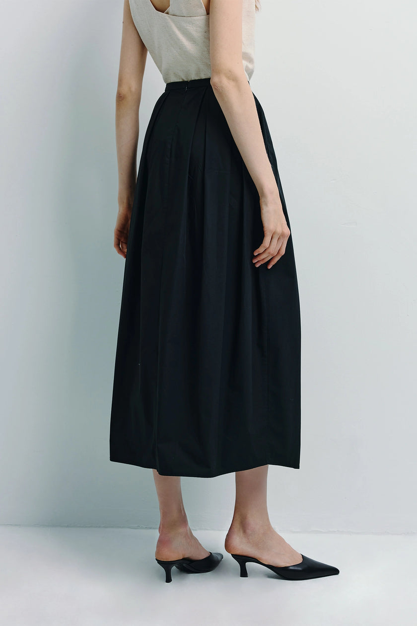 Black Rue Sophie Ballon Poplin Pleated Skirt, structured cotton poplin, pleated design