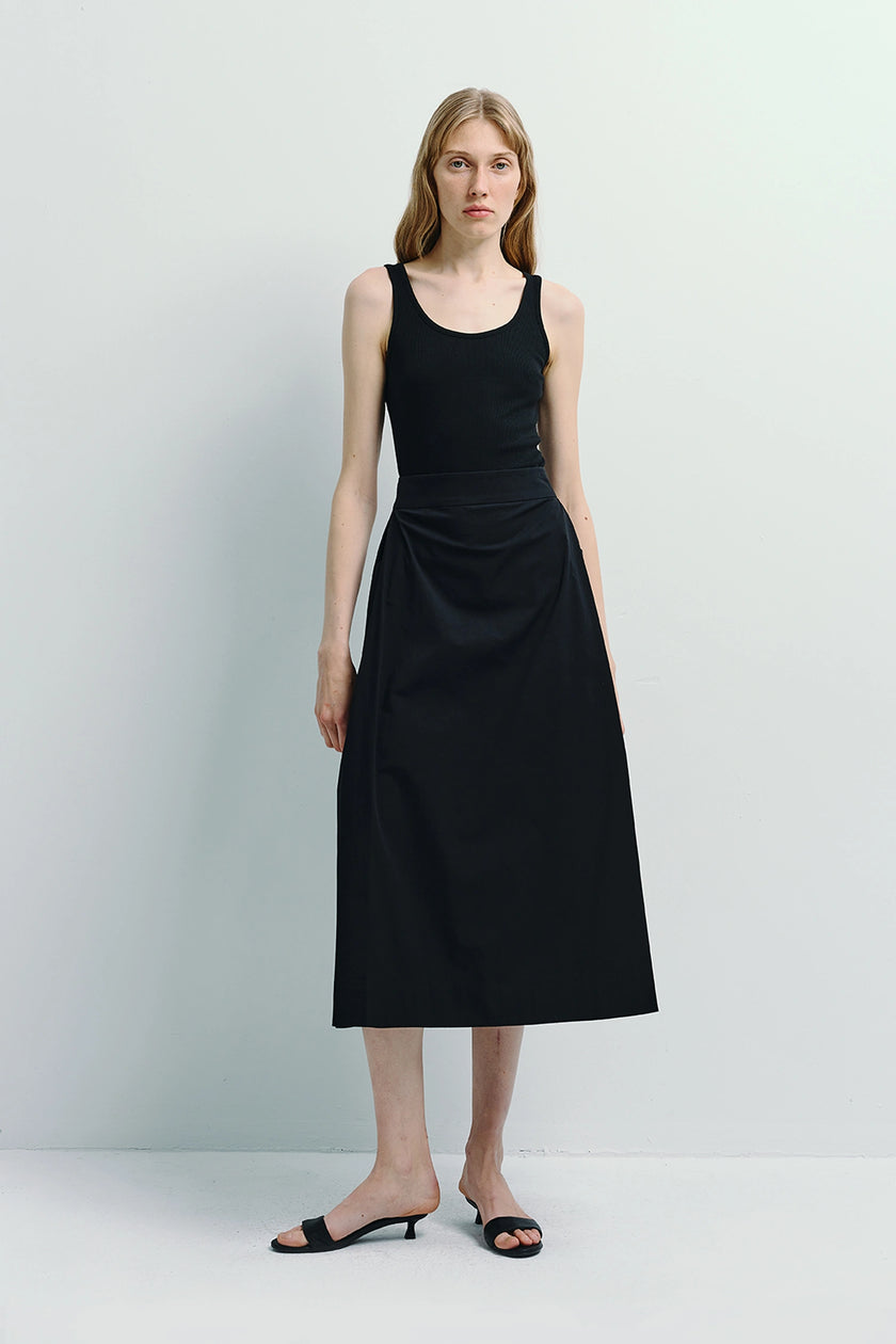 Black Orléans Pocket Pleat Skirt, A-line midi skirt with pleats and side pockets, Rue Sophie