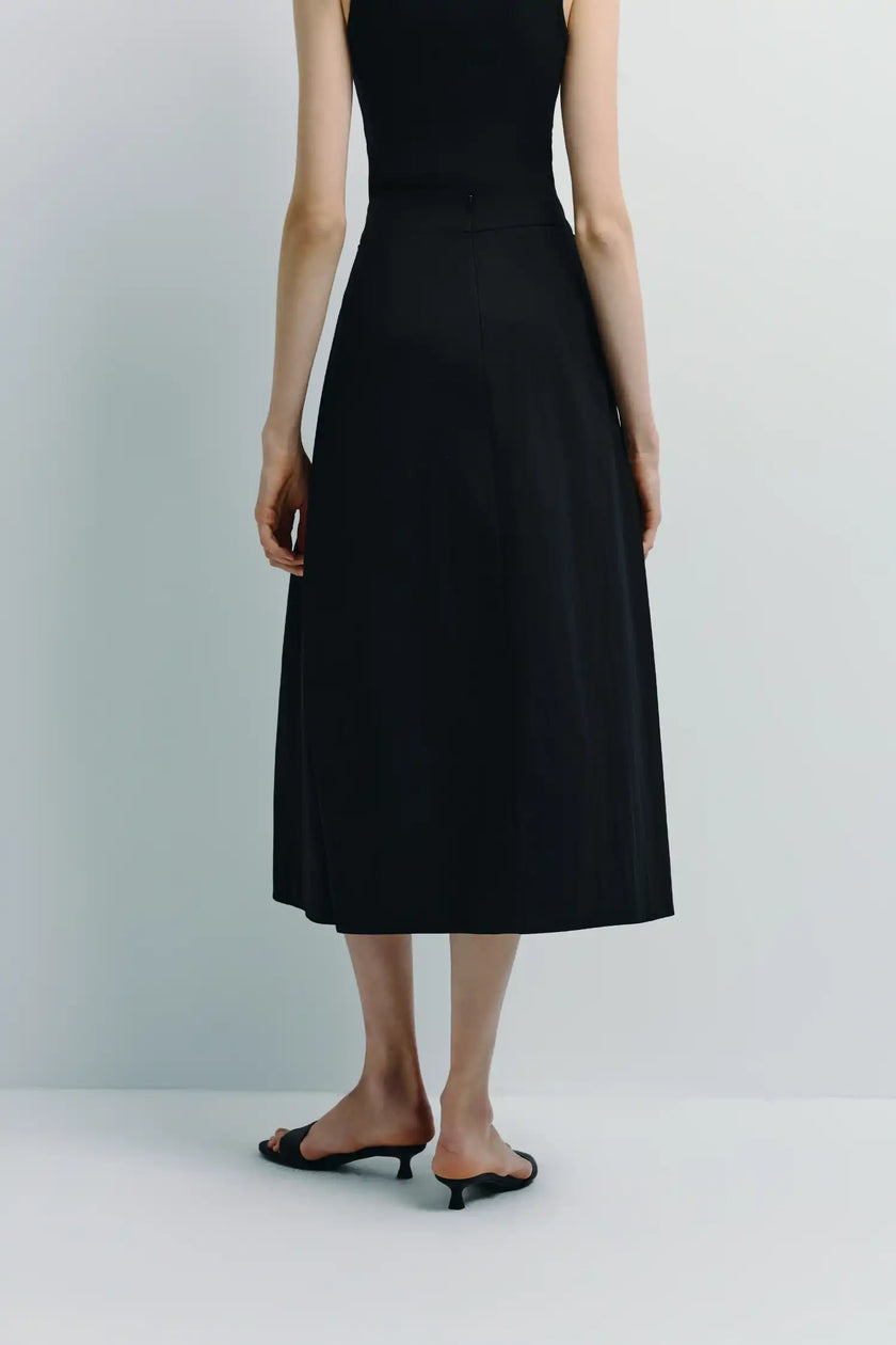 Rue Sophie Orléans Pocket Pleat Skirt, Black A-line midi skirt, structured poplin