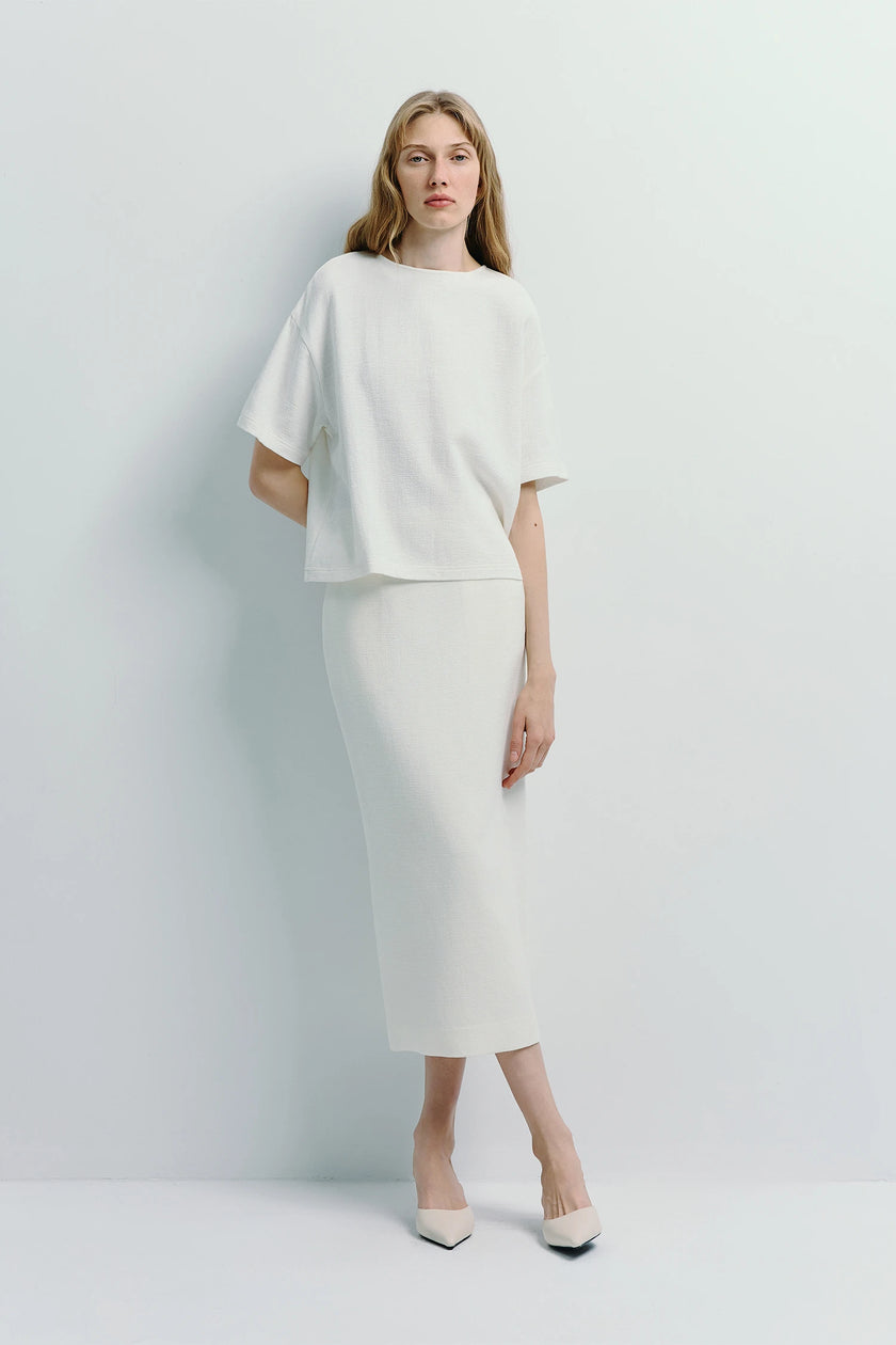 Cream linen blend pencil skirt outfit. Minimalist design with matching top.