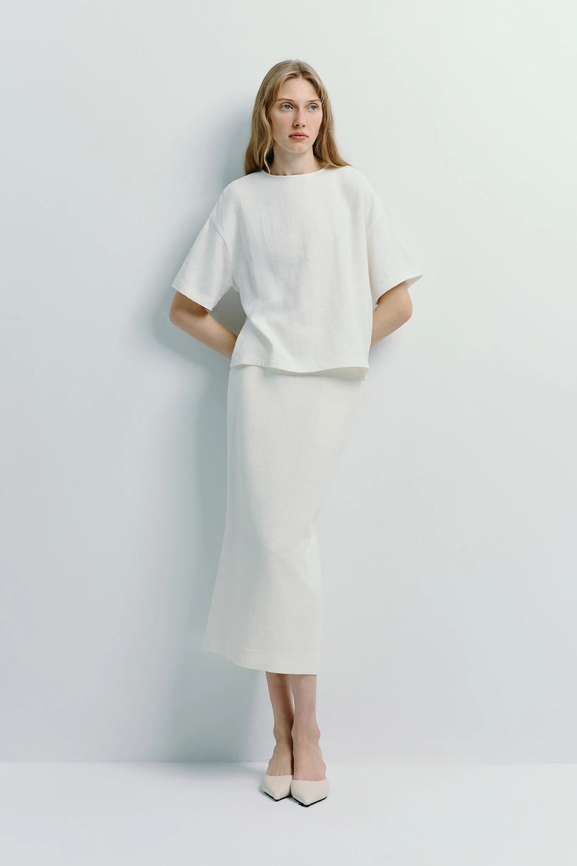Cream linen blend pencil skirt and top set, minimalist and structured design, Rue Sophie collection