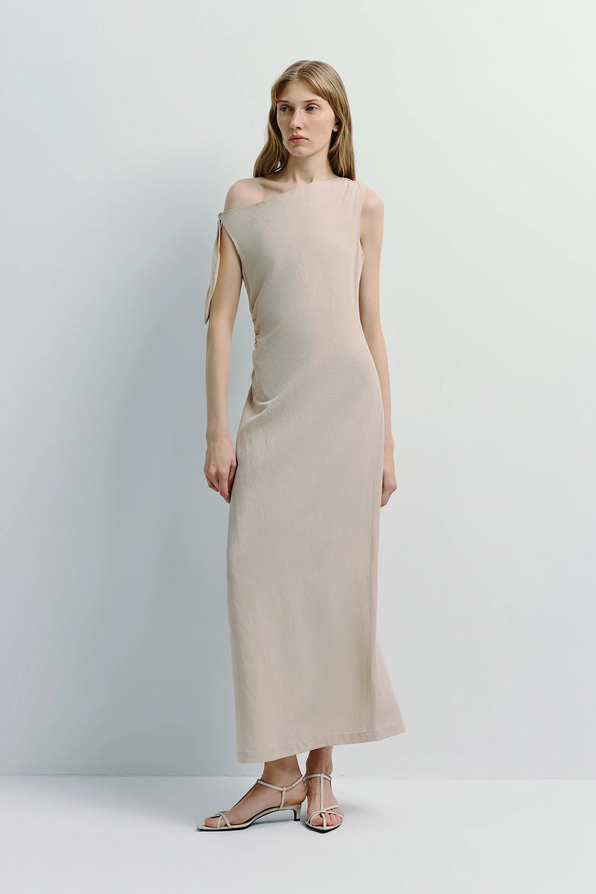 Beige linen blend Papillon Tie Off Shoulder Dress, elegant off-shoulder design, Rue Sophie