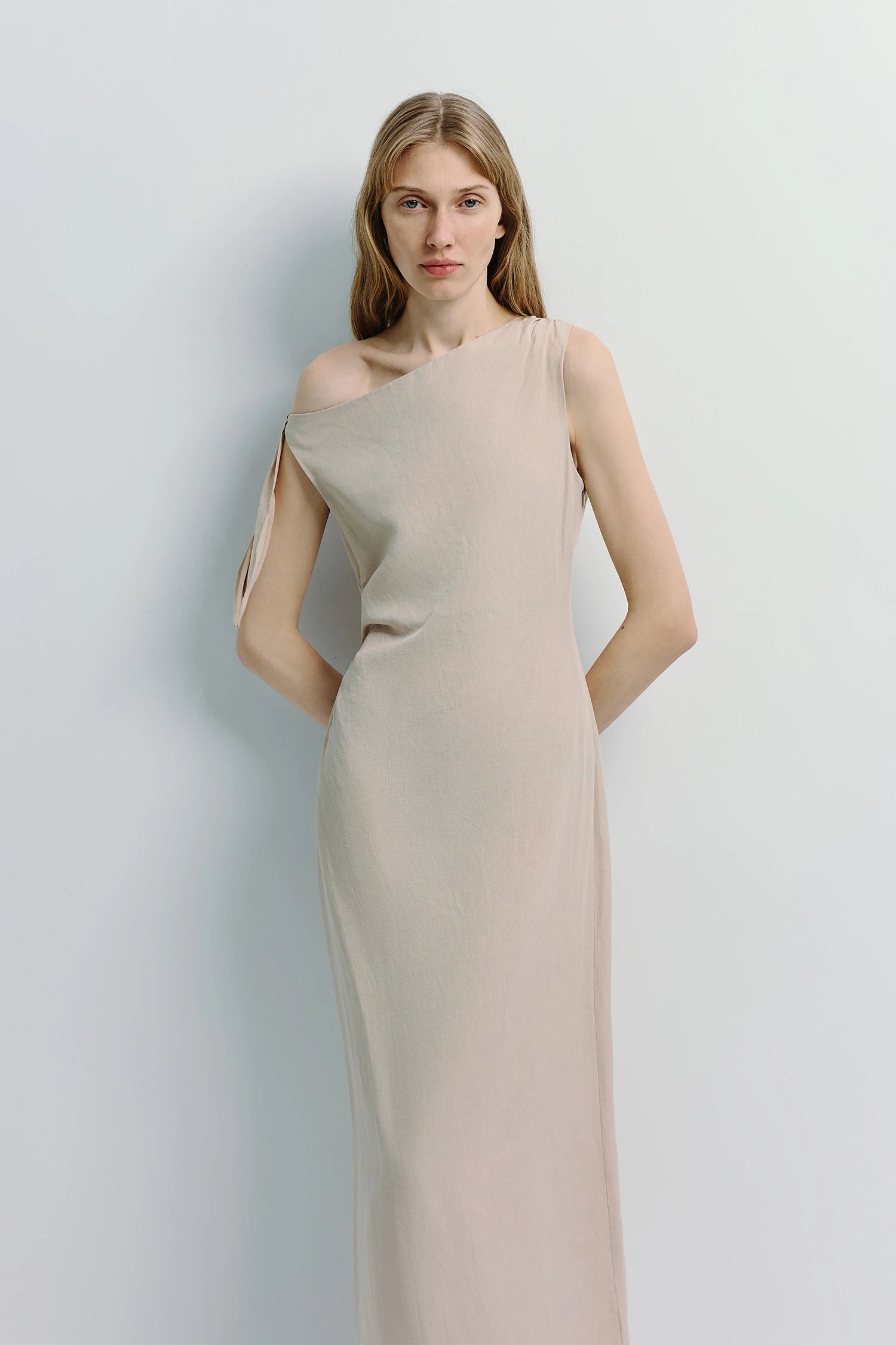 Papillon Tie Off Shoulder Designer Dress | Elegant Linen & Lyocell Blend | Flowing Silhouette | Rue Sophie XS / Oat Papillon Tie Off Shoulder Designer Dress | Elegant Linen & Lyocell Blend | Flowing Silhouette | Rue Sophie XS / Oat