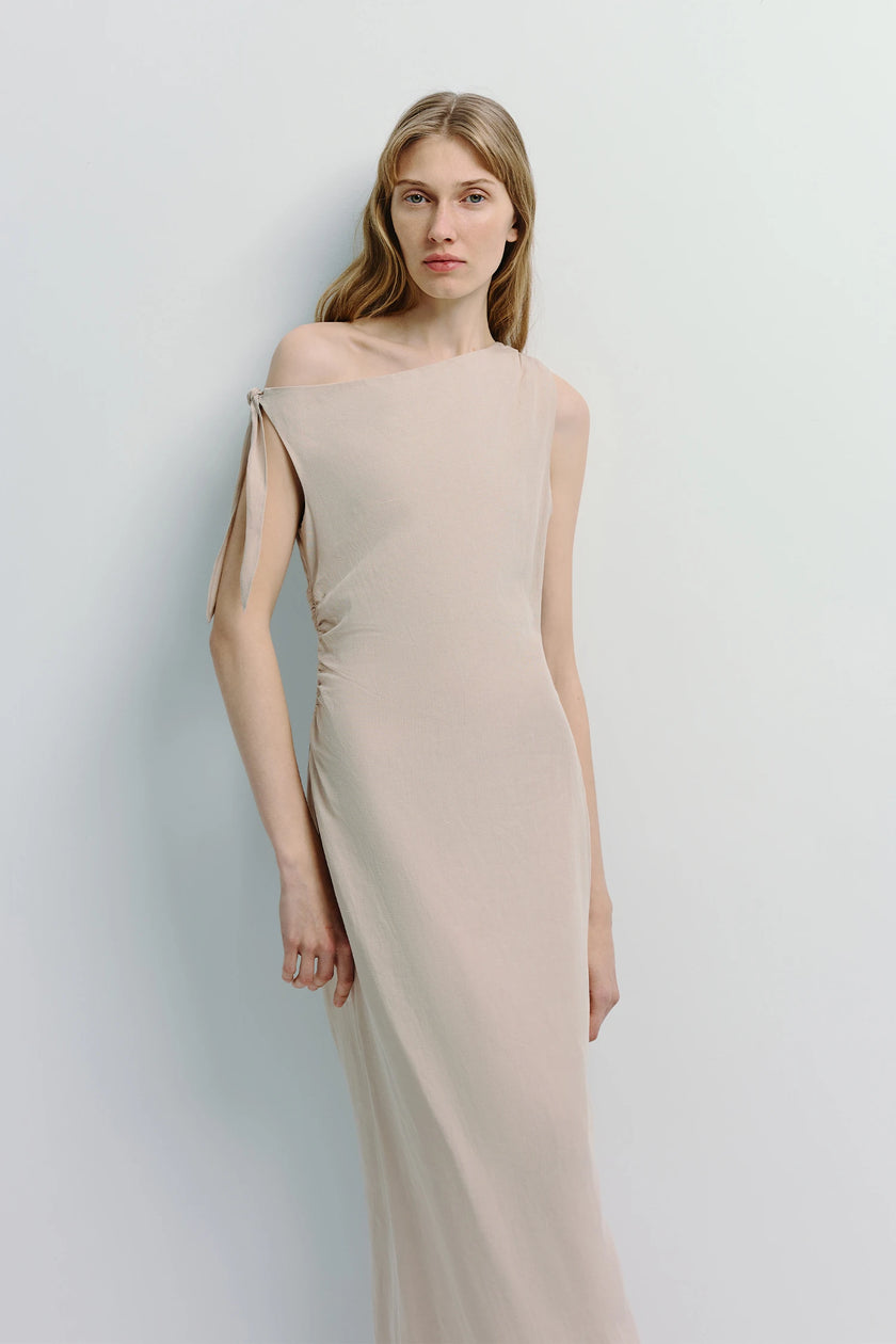 Beige Papillon Tie Off Shoulder Dress in linen blend, elegant off-shoulder design, flowing silhouette, Rue Sophie