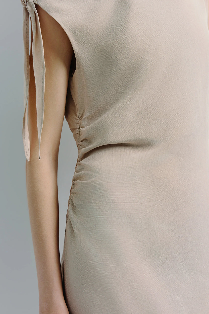 Beige linen blend Papillon Tie Off Shoulder Dress, off-shoulder design, Rue Sophie