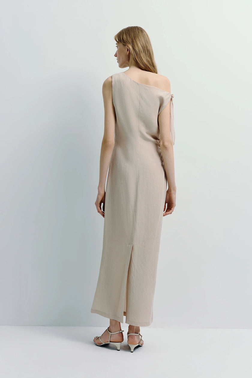 Beige linen blend Papillon Tie Off Shoulder Dress, off-shoulder design, flowing silhouette by Rue Sophie