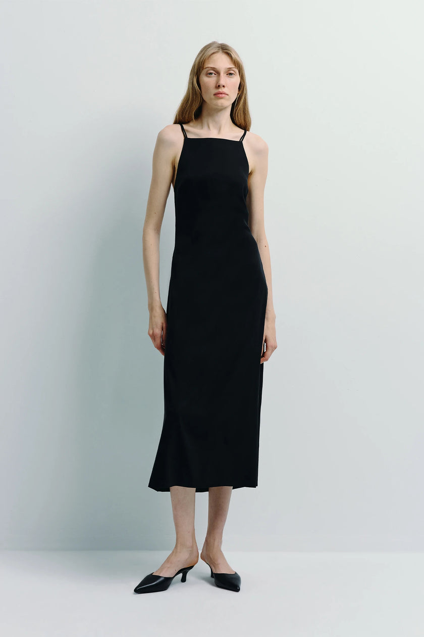 Chartres Dbl Strap Black Dress - Midi length with square neckline and delicate straps, cupro & viscose blend