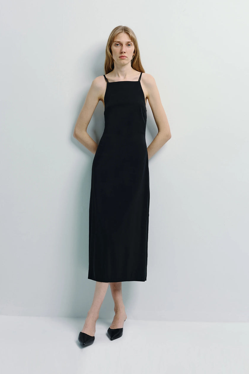 Black Chartres Dbl Strap Dress featuring a square neckline, midi length, and slender straps