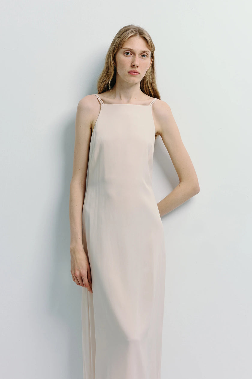 Chartres Dbl Strap Dress in pale pink. Minimalist, floor-length dress with square neckline.
