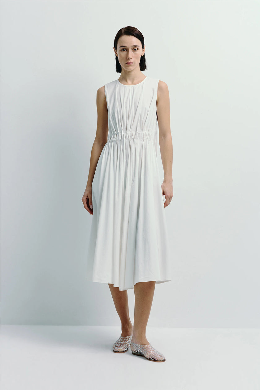 Toulouse Origami Pleat Dress in white, architectural design, midi length
