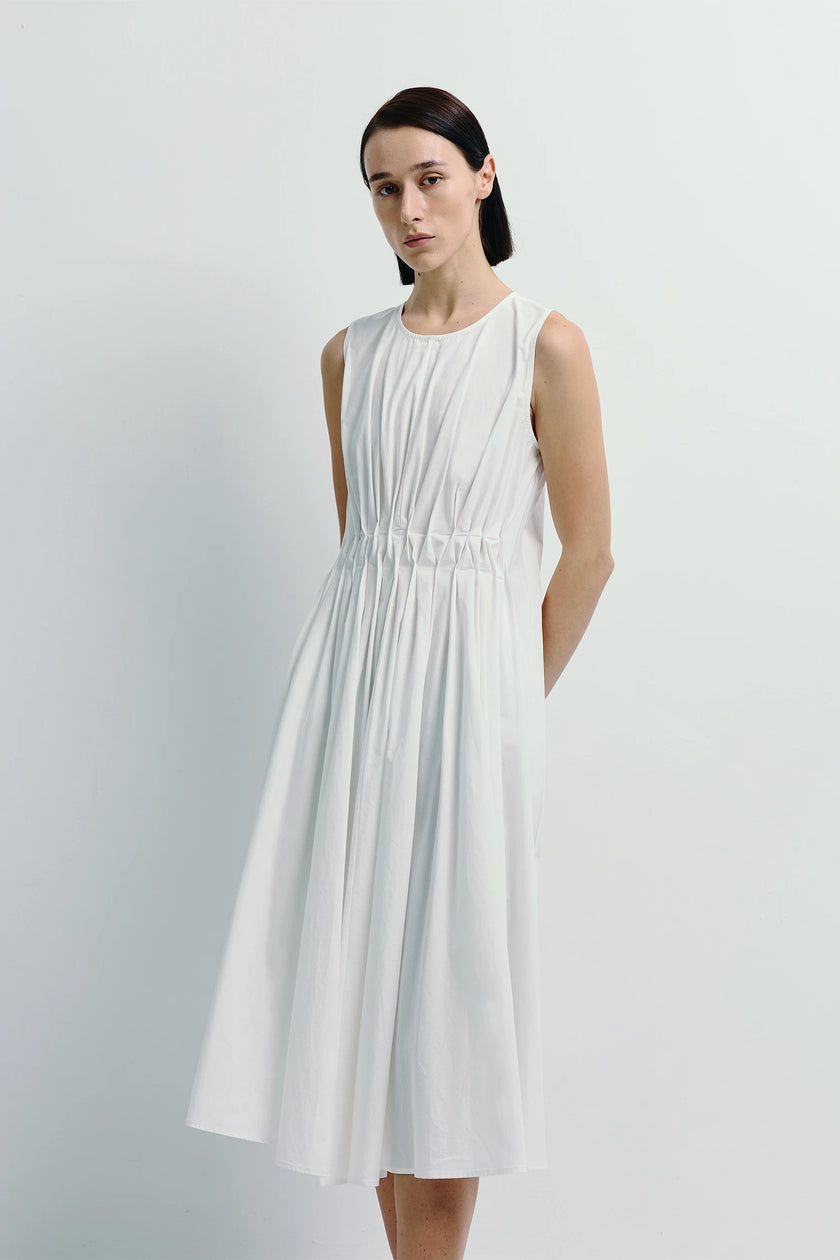 White Toulouse Origami Pleat Dress, Sleeveless Midi Dress with Pleated Waist