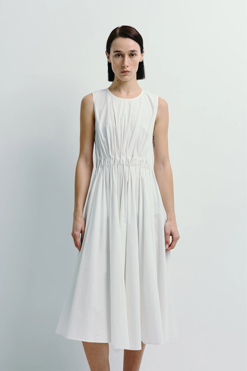 White Toulouse Origami Pleat Dress, sleeveless midi dress with pleated bodice