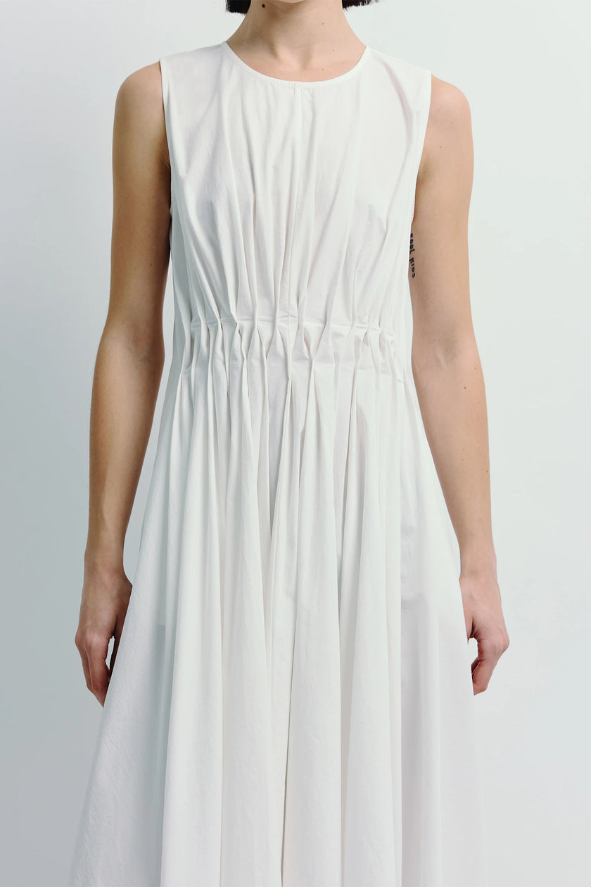 White Toulouse Origami Pleat Dress with pleated bodice and fit-and-flare skirt, Sleeveless midi dress