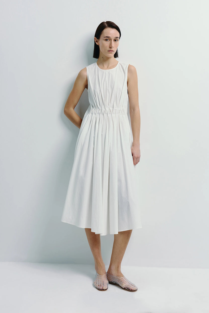 White Toulouse Origami Pleat Dress with pleated waist and midi length