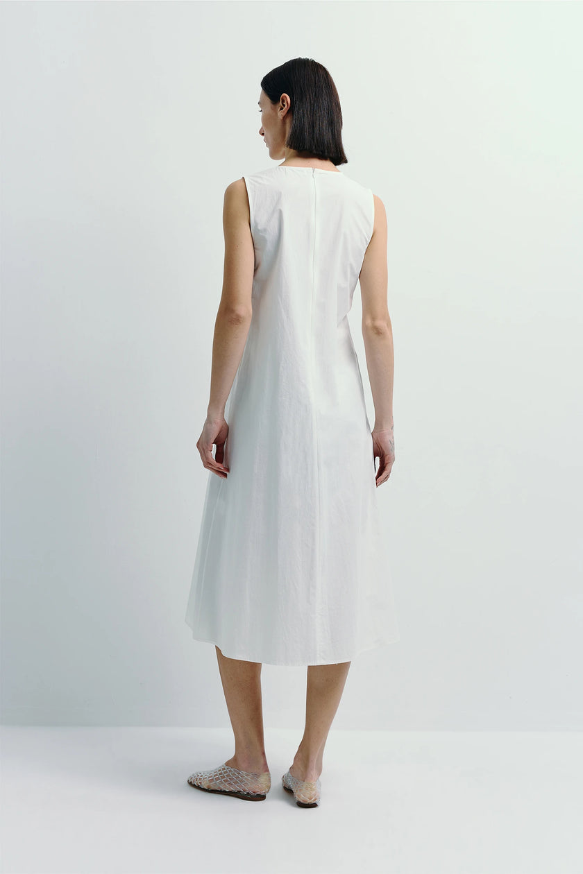 White Toulouse Origami Pleat Dress, midi length, pleated bodice and fit-and-flare skirt