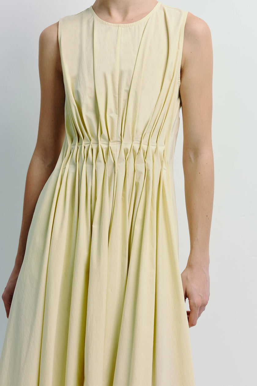 Toulouse Origami Pleat Dress in Pale Yellow - Architectural pleats and flowing skirt
