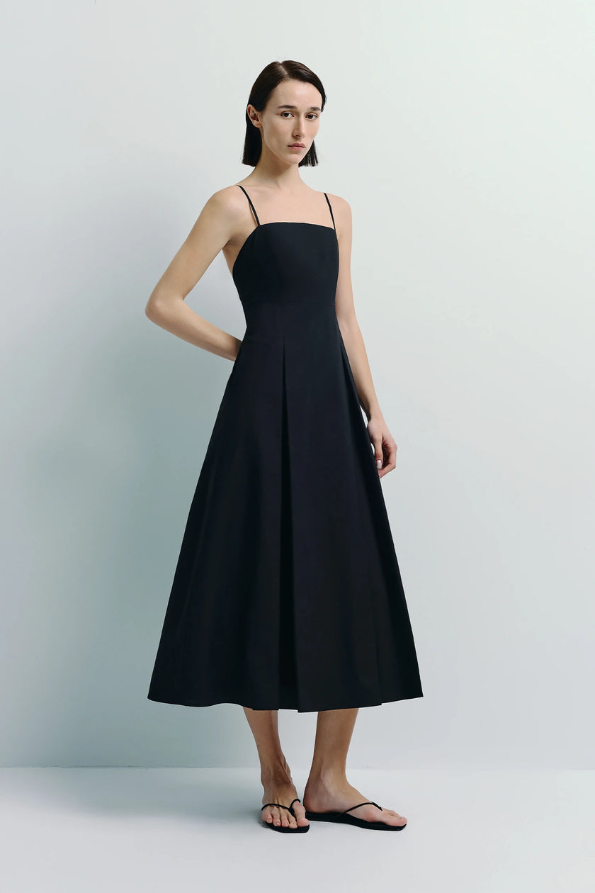 Black Nantes Pleat Front Cami Dress, midi length, fluid silhouette, crafted from 100% cotton