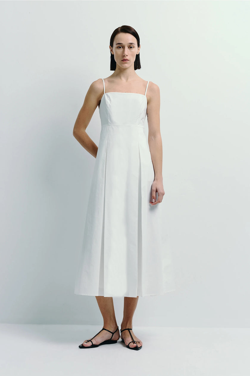 Nantes Pleat Front Cami Dress in white cotton with pleat detailing and spaghetti straps