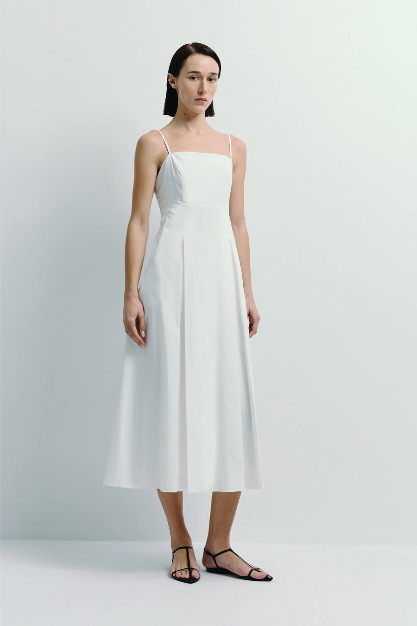 Nantes Pleat Front Cami Dress in white cotton with subtle pleat detailing, minimalist design
