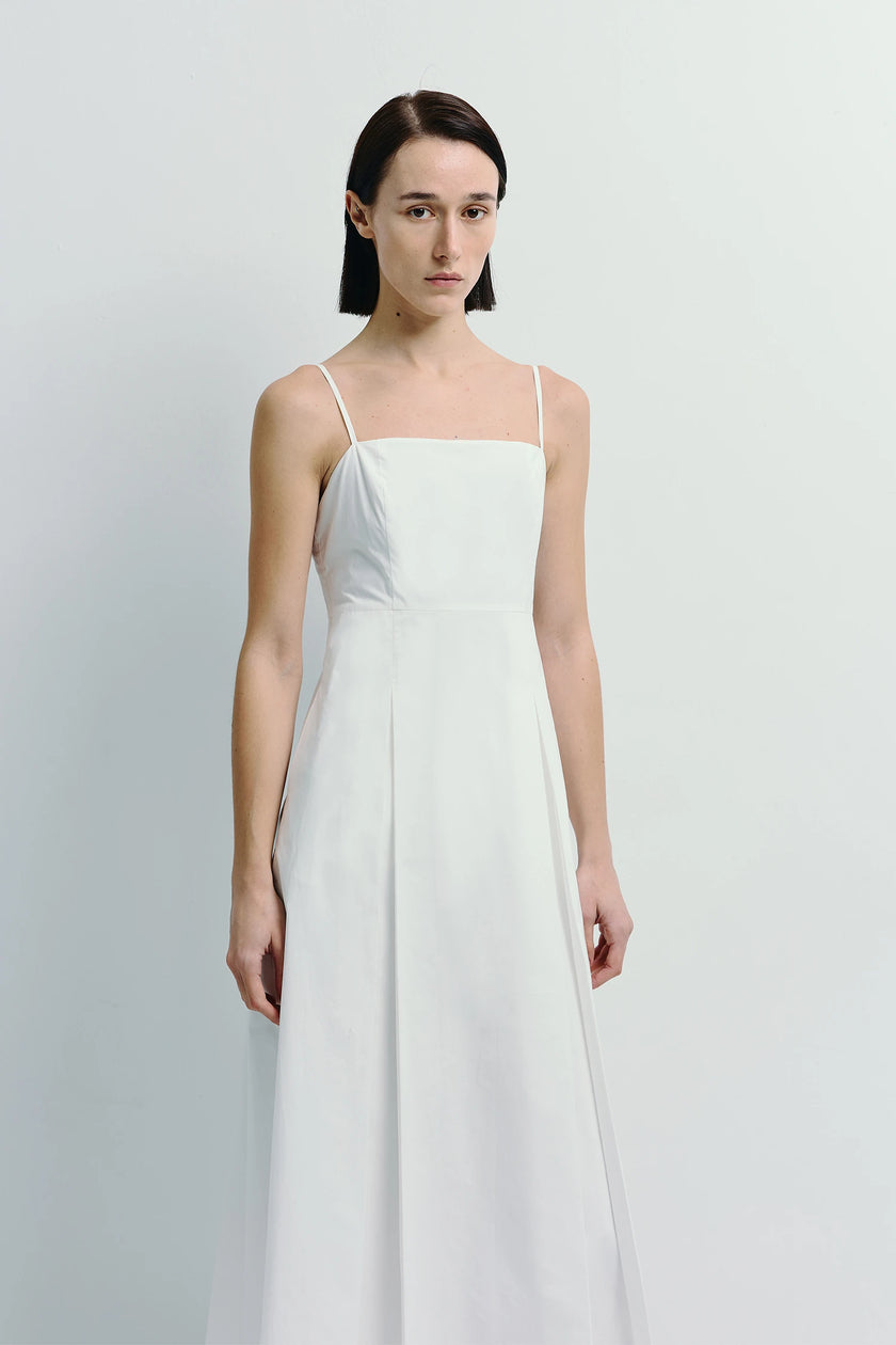 Nantes Pleat Front Cami Dress in white cotton, minimalist design, spaghetti straps, elegant.