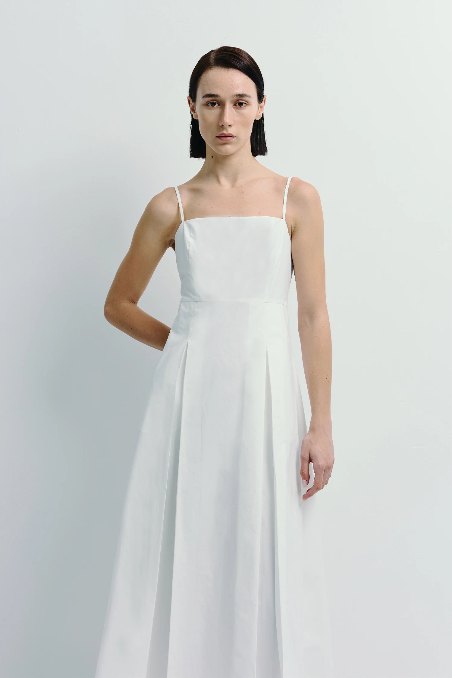 Nantes Pleat Front Cami Designer Dress | 100% Cotton & A-Line | Minimalist Elegance | Rue Sophie L / White Nantes Pleat Front Cami Designer Dress | 100% Cotton & A-Line | Minimalist Elegance | Rue Sophie L / White