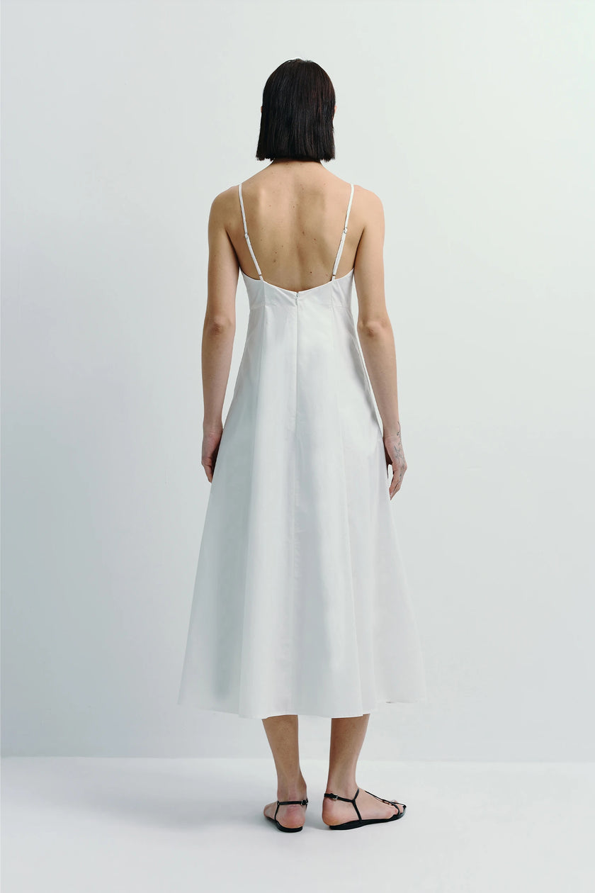 White Nantes Pleat Front Cami Dress, back view, spaghetti straps, minimalist cotton design