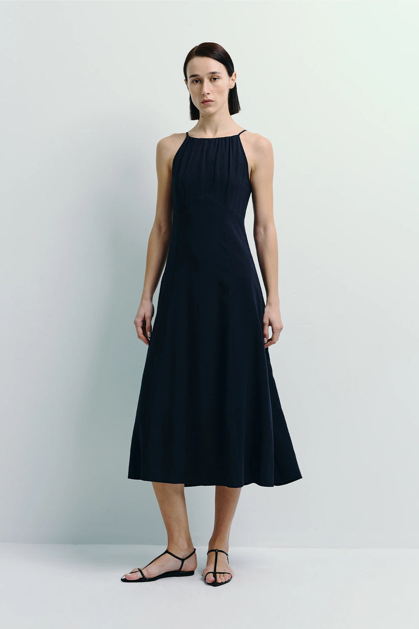 Navy blue Marceline Halter Cami Dress in lyocell, A-line silhouette, soft drape.