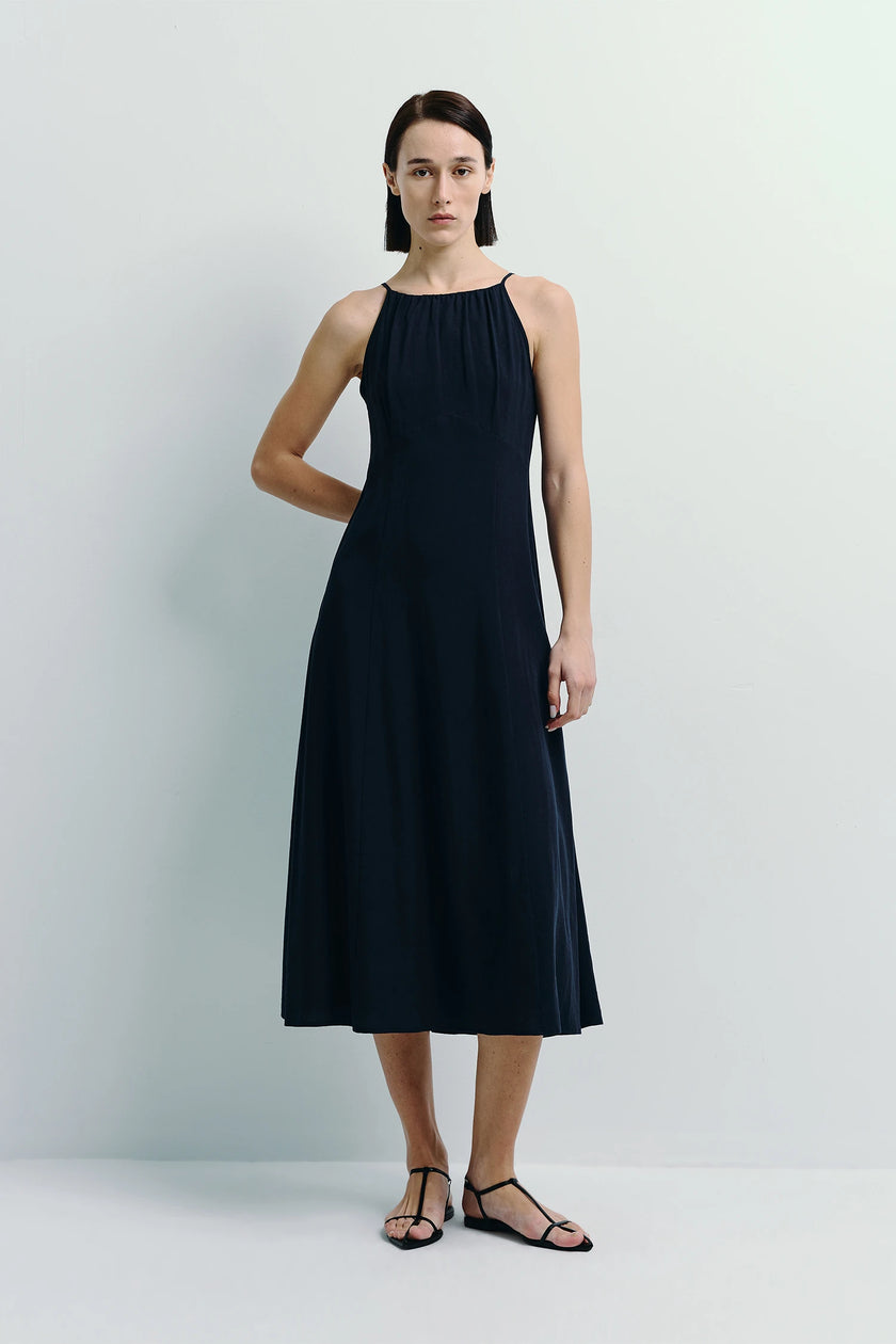 Marceline Halter Cami Dress in navy blue, A-line silhouette, lyocell fabric