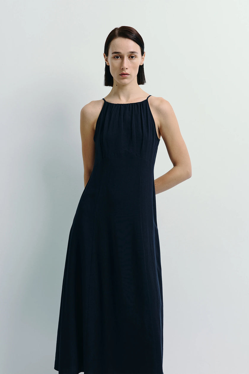 Marceline Halter Cami Dress in navy blue lyocell, A-line silhouette, soft drape and earthy texture.