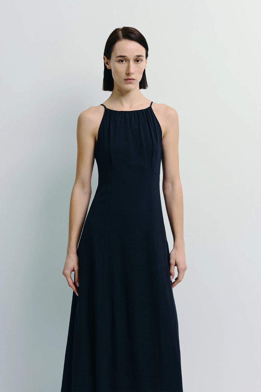 Marceline Halter Cami Dress in navy blue. A-line, lyocell fabric, sophisticated style.