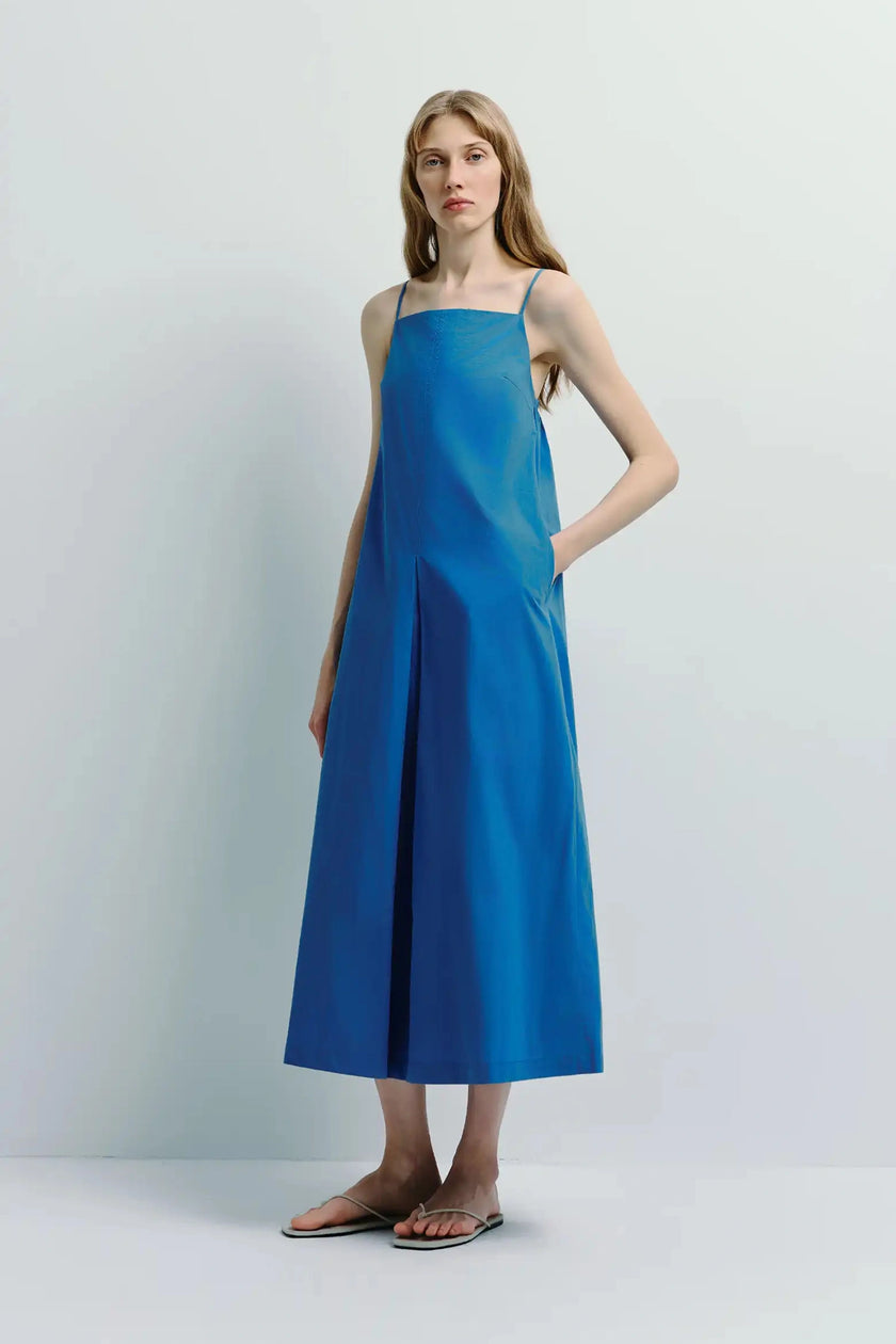 Cobalt cotton cami dress with square neckline and box pleat detail