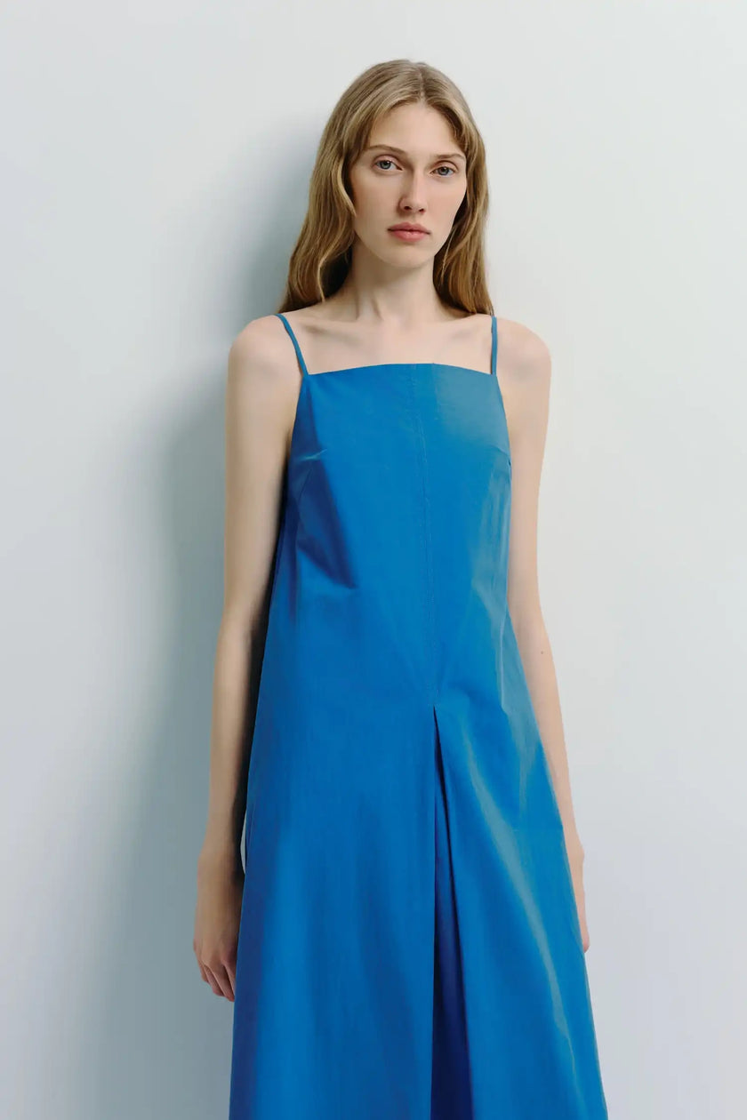 Cobalt cotton voile cami dress with square neckline and box pleat detail
