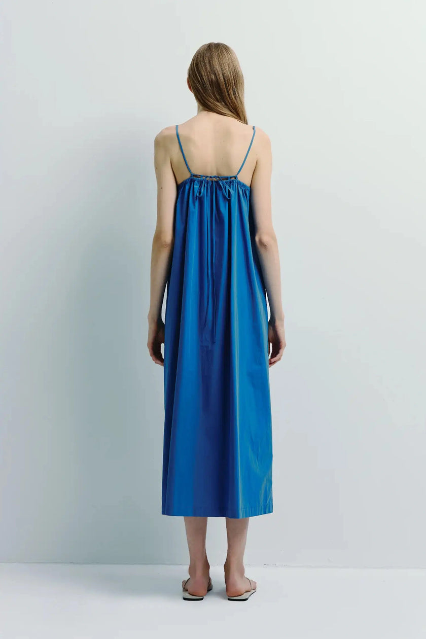 Cobalt cotton cami dress with square neckline and tie-back detail