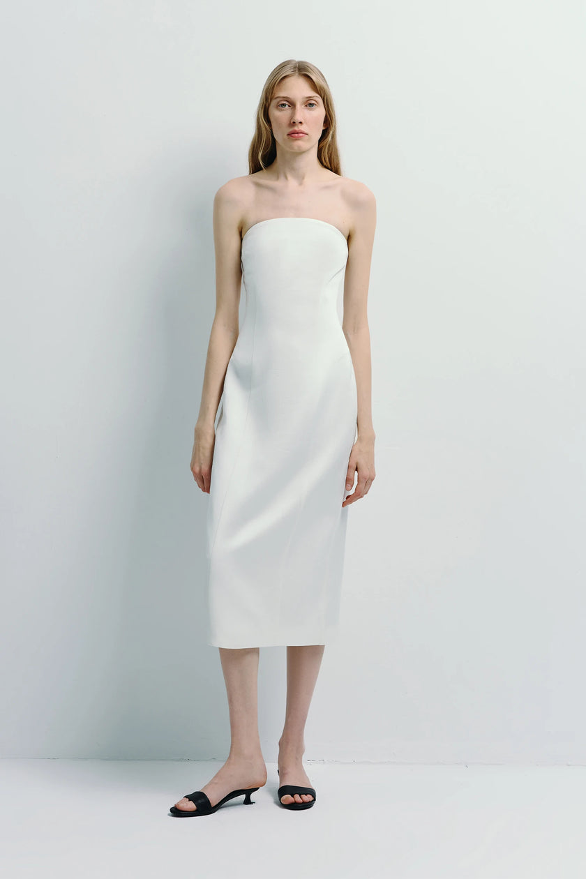 Lorraine Strapless Dress in white, featuring a sleek minimalist design and premium viscose blend.