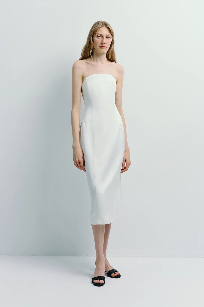 Lorraine Strapless Dress in white, minimalist design, crafted from a premium viscose blend for a refined silhouette.