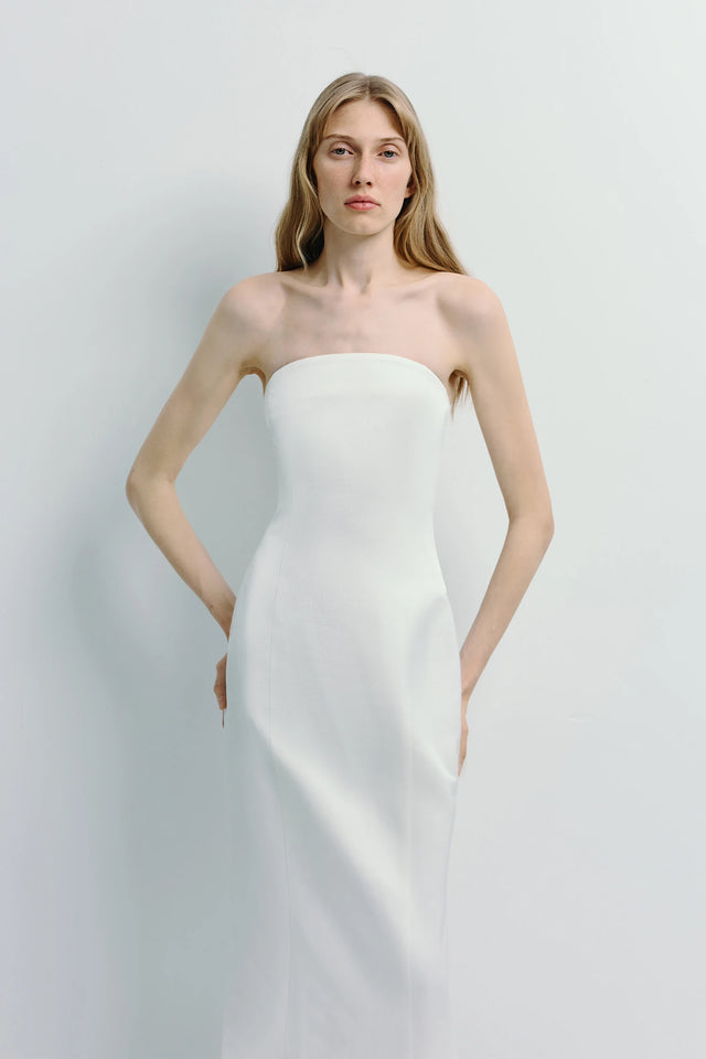 White strapless Lorraine dress made from premium viscose blend, minimalist design.
