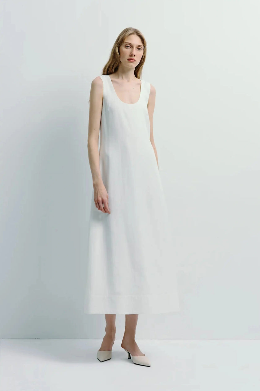 Adeline Scoop Neck Dress in white, sleeveless with scoop neckline