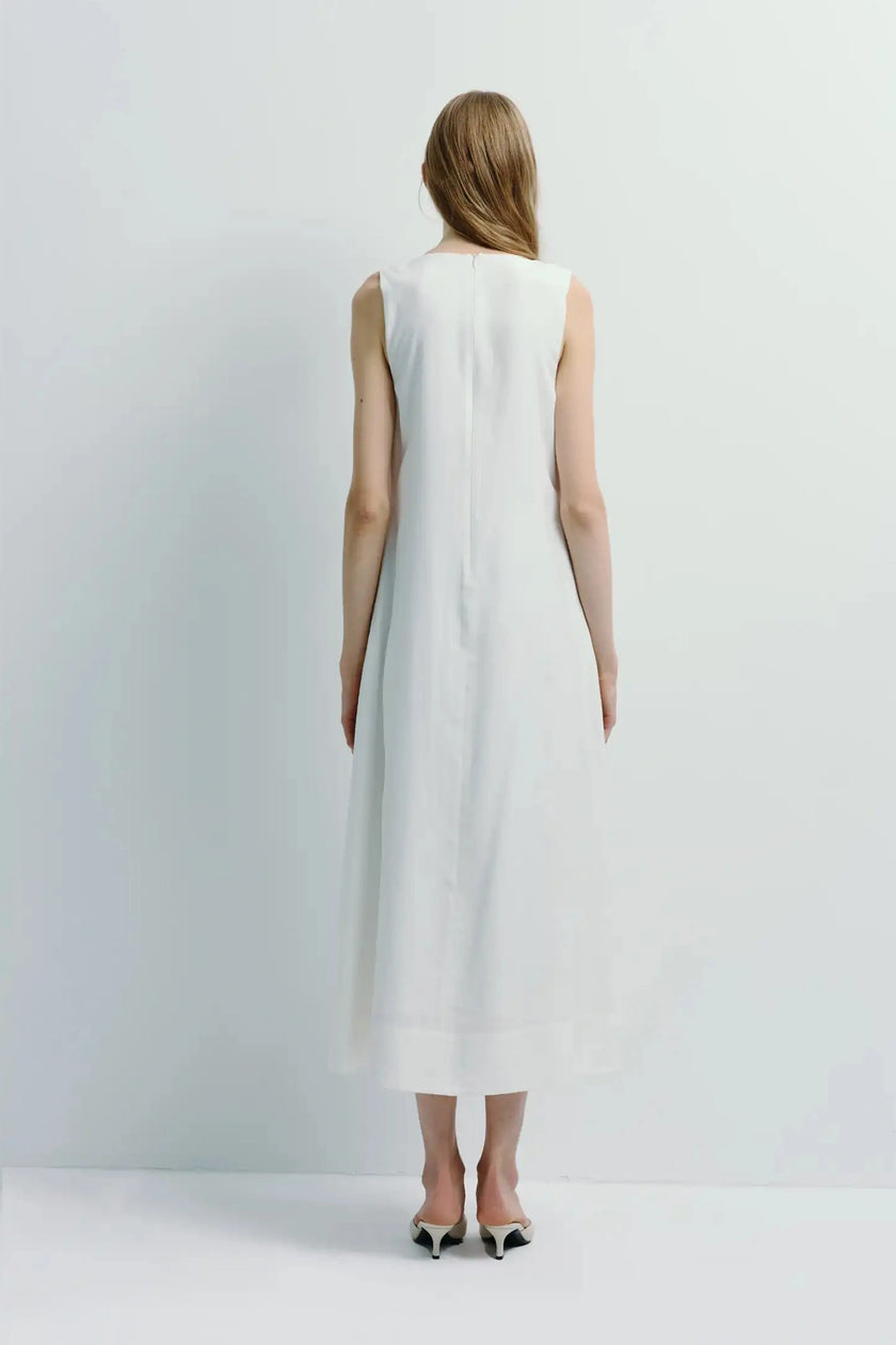 White Adeline Scoop Neck Dress, sleeveless midi dress with column silhouette