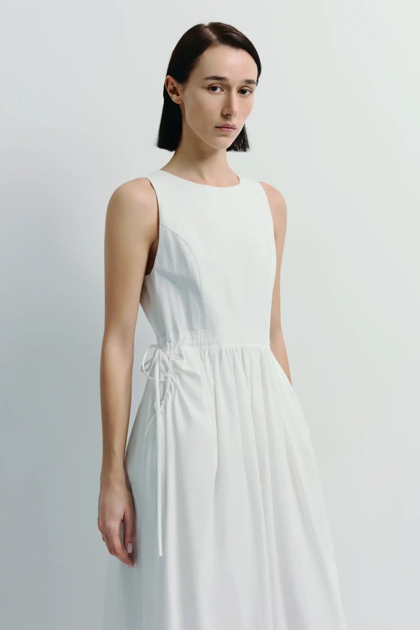 White Tours Gathered Pocket Dress, cotton-nylon blend, soft tailoring, cinched waist, midi length
