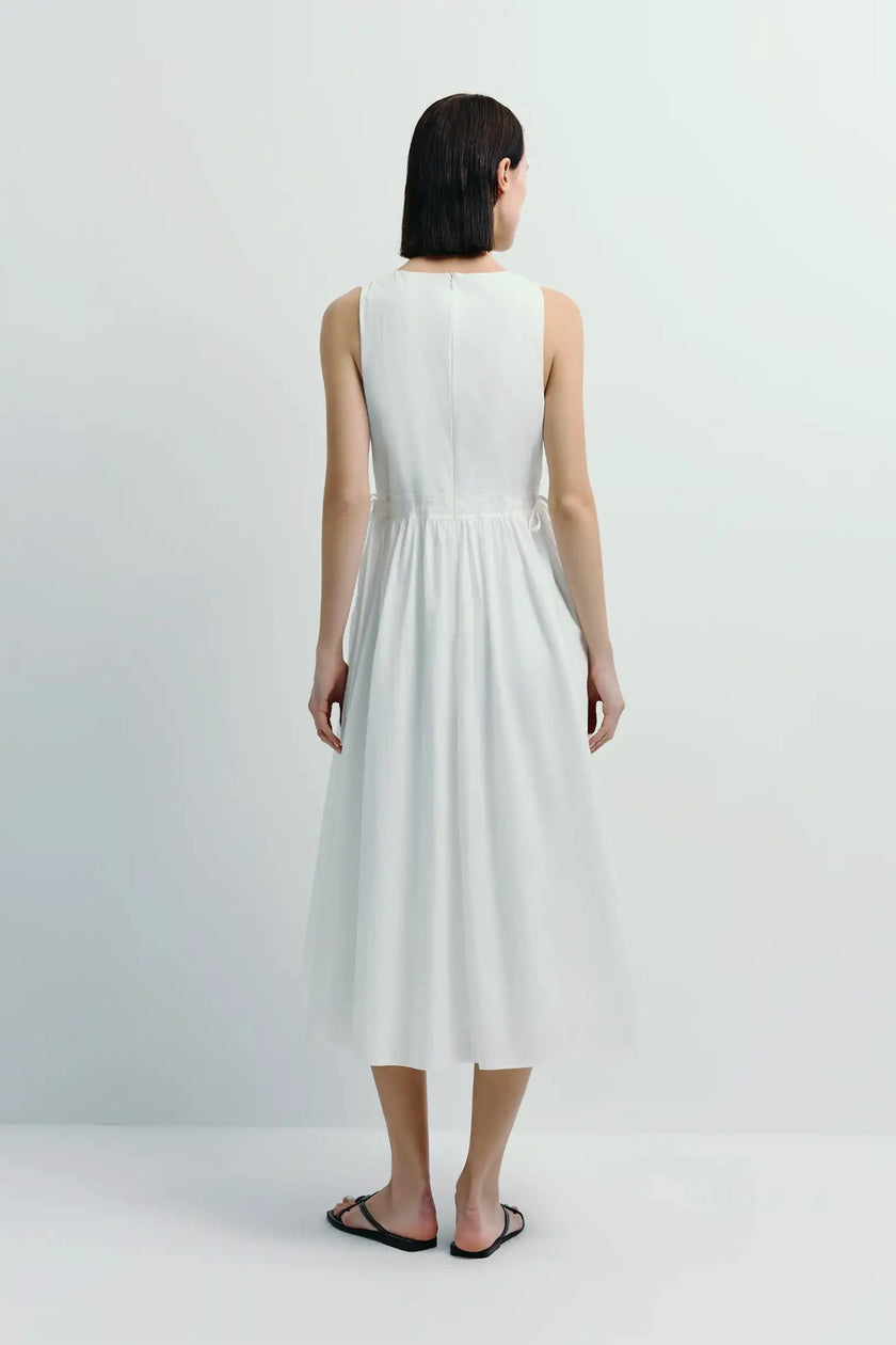 White cotton-nylon blend Tours Gathered Pocket Dress, tie waist detail, soft tailoring