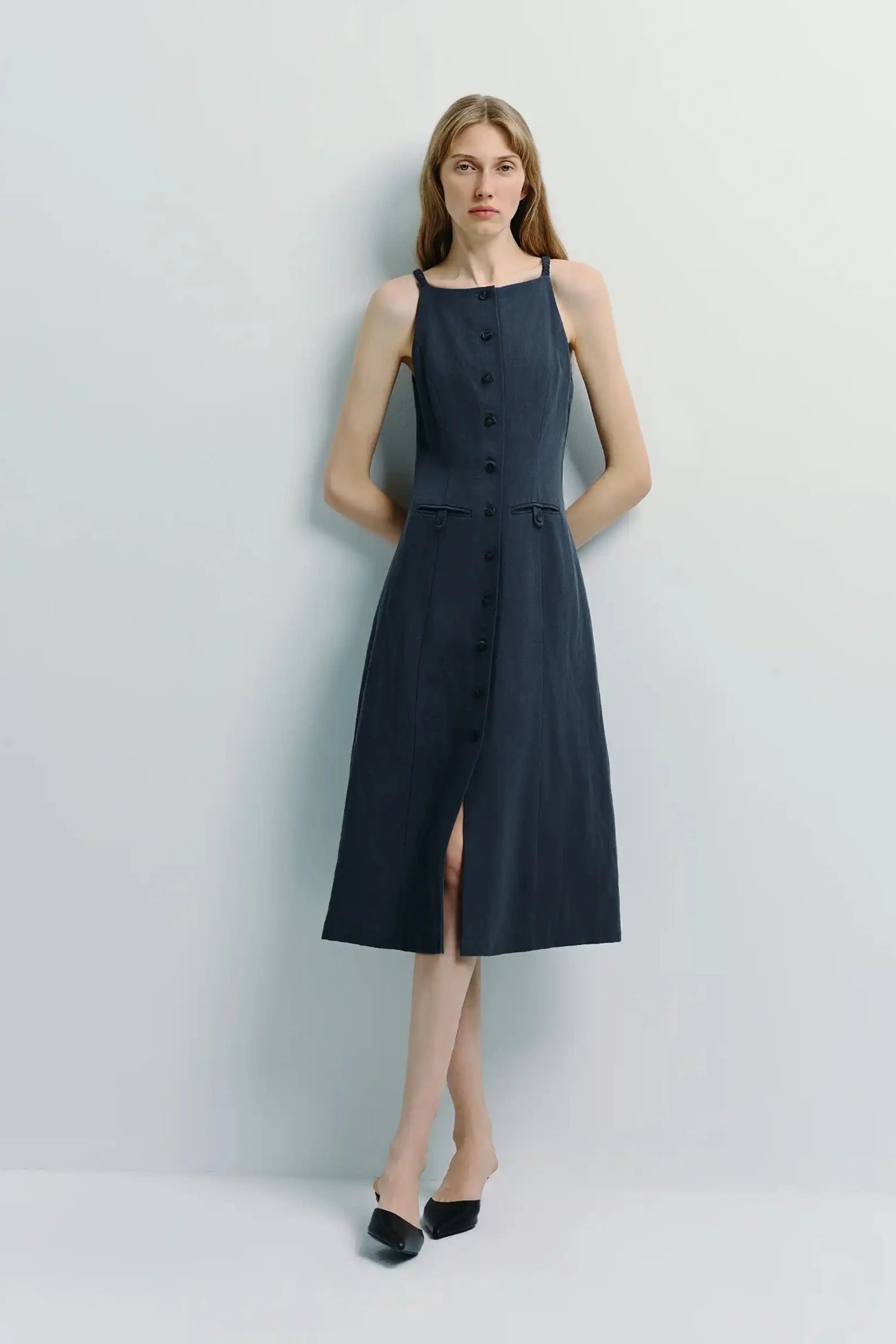 Apro Button Down Designer Dress | Lyocell-linen Blend & A-Line Silhouette | Refined Volume | Rue Sophie S / Orion Blue Apro Button Down Designer Dress | Lyocell-linen Blend & A-Line Silhouette | Refined Volume | Rue Sophie S / Orion Blue