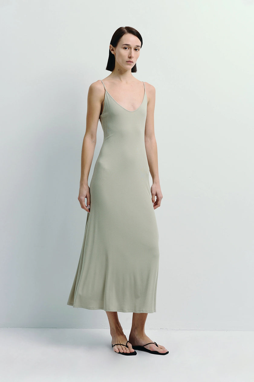 Allaire Cami Maxi Dress in Light Sage with spaghetti straps, minimalist design for warm days.