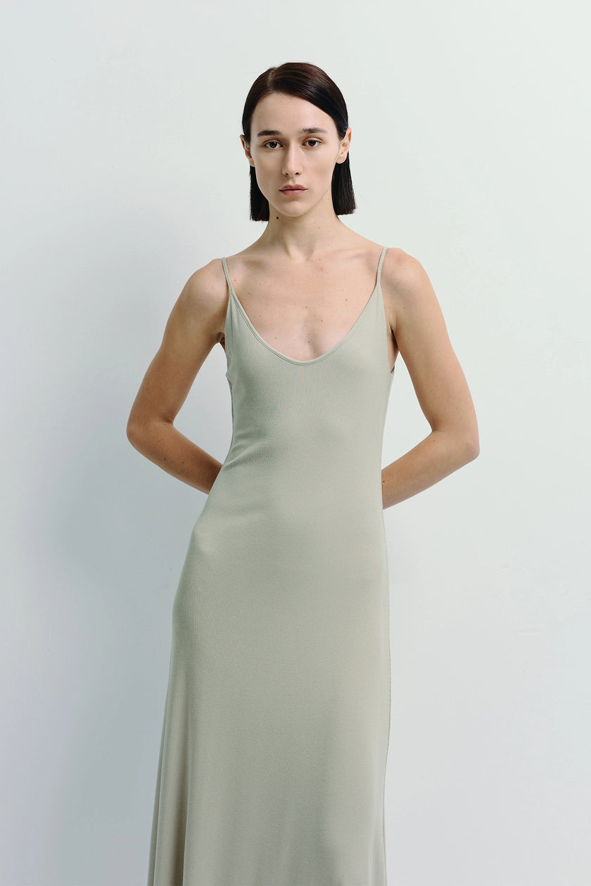 Allaire Cami Maxi Dress in stretch modal, light sage green, minimalist design