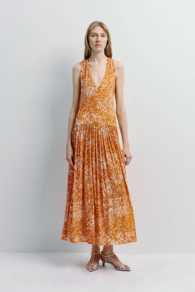 Gisele Deep V-Neck Maxi Dress Terracotta Print