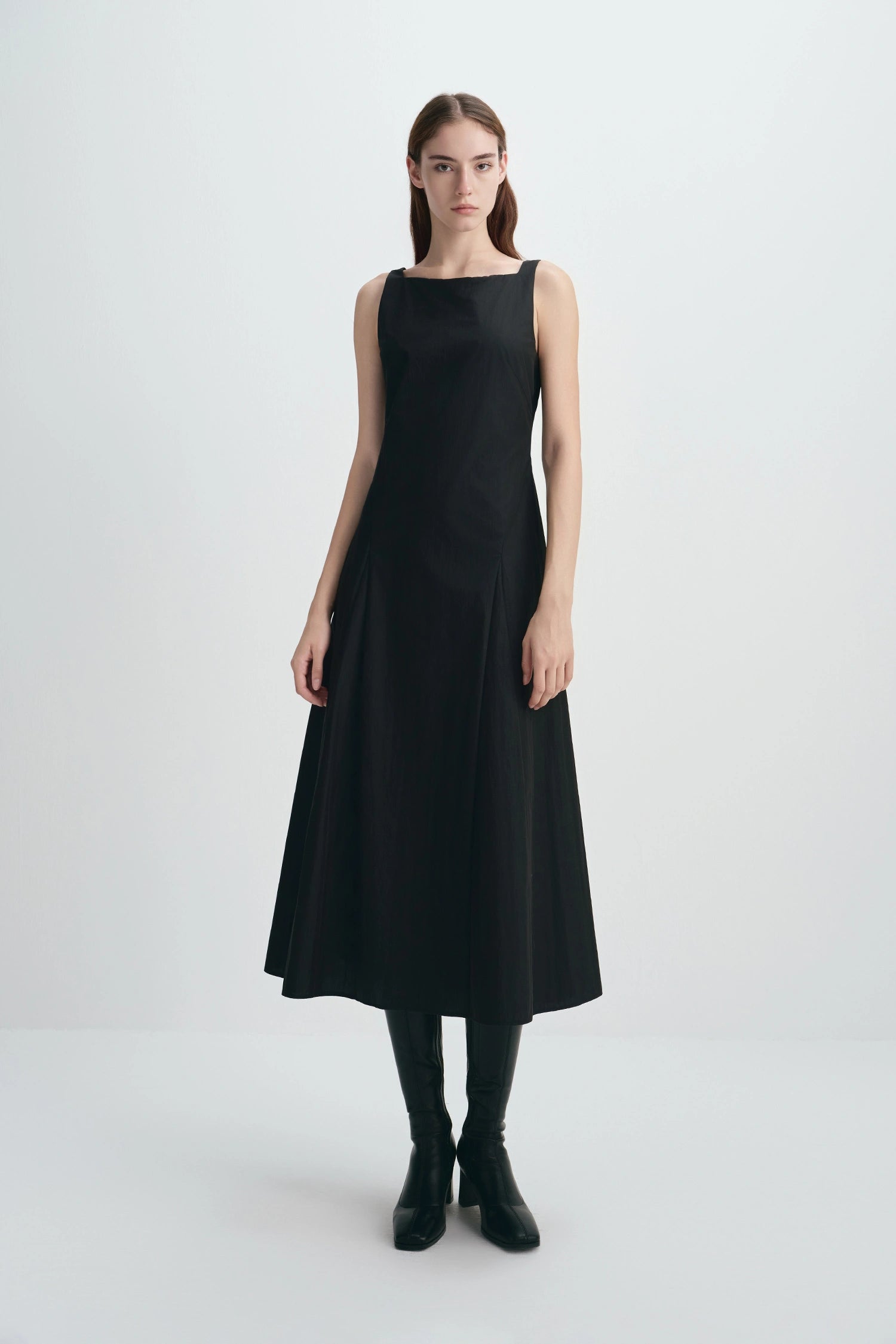 Carr High Square Neck Midi Dress | Black Cotton-Nylon Carr High Square Neck Midi Dress | Black Cotton-Nylon