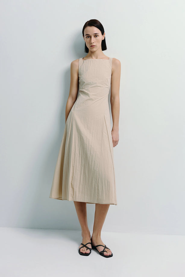 Carré High Square Neck Midi Dress in Beige - Structured Cotton-Nylon Blend